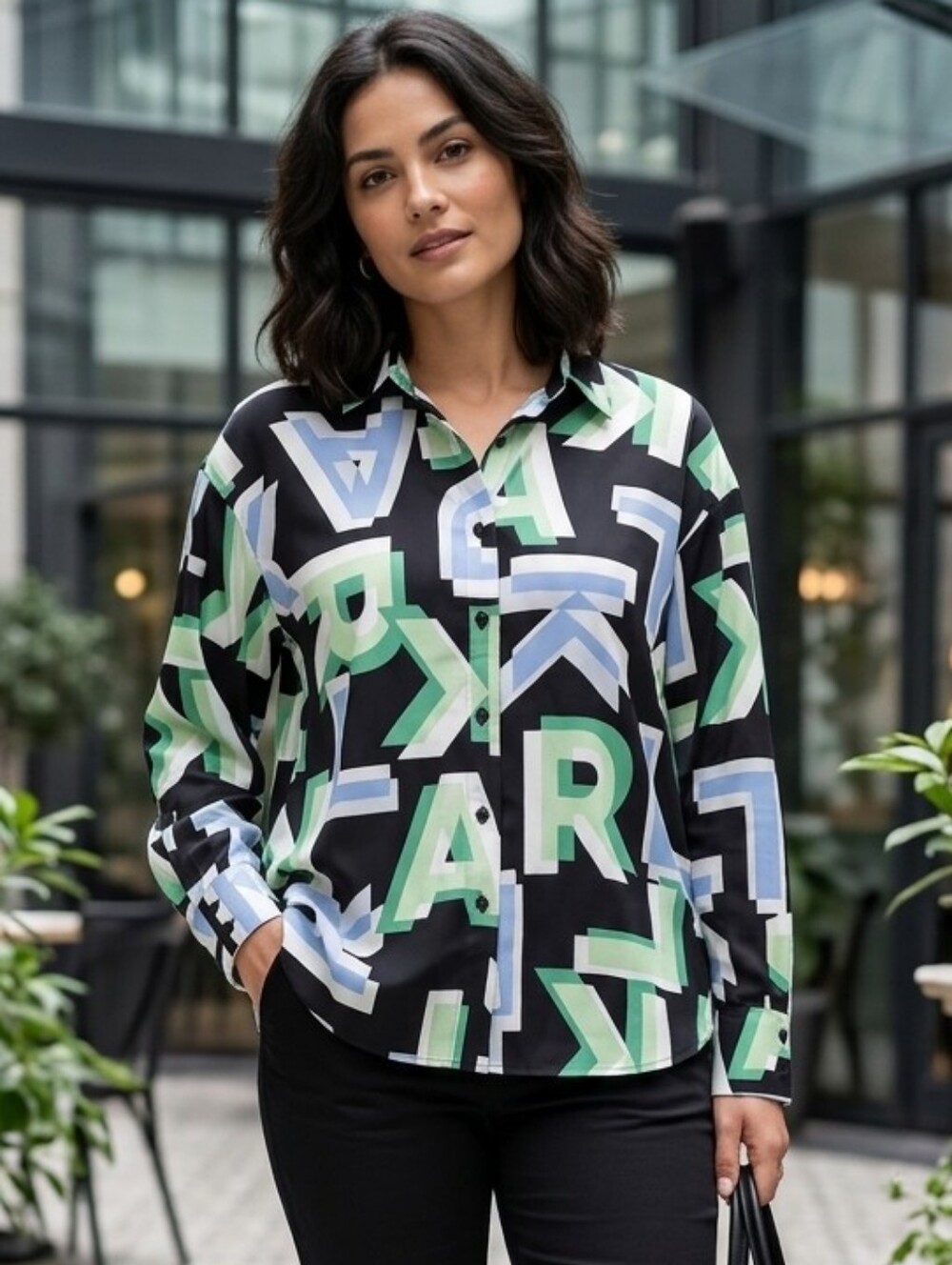 Karl Lagerfeld Women Black Green Satin Oversized Typographic Logo-Print Shirt XS